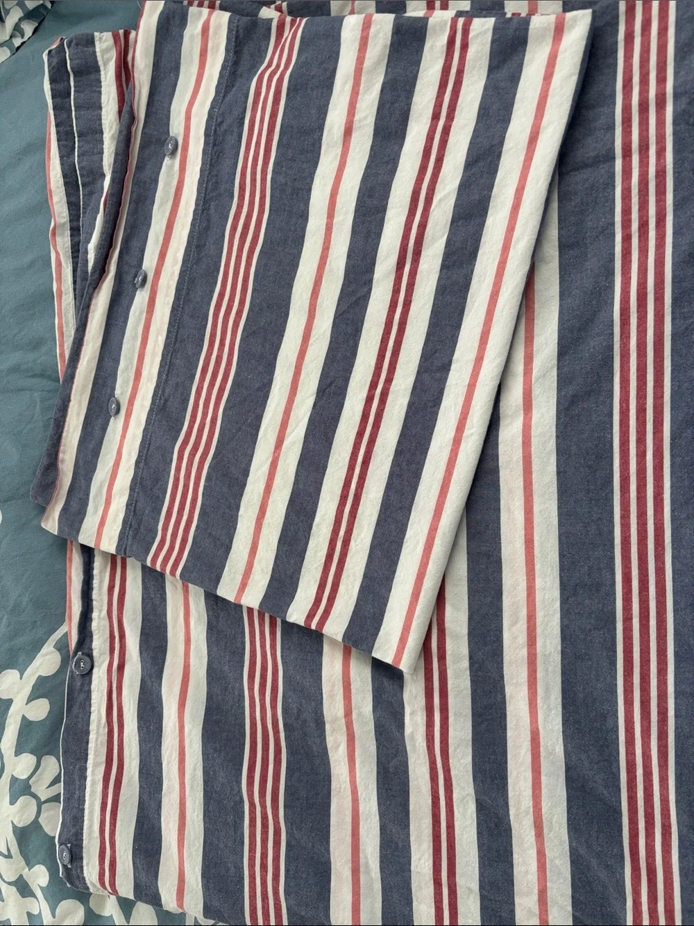 IKEA Striped Navy/Red & White twin comforter cover and pillow case/button close